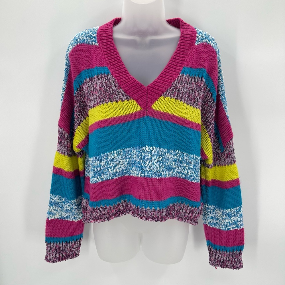 Urban Outfitters Sweater XS Colorful Stripe Oversized Knit Cropped Vneck READ